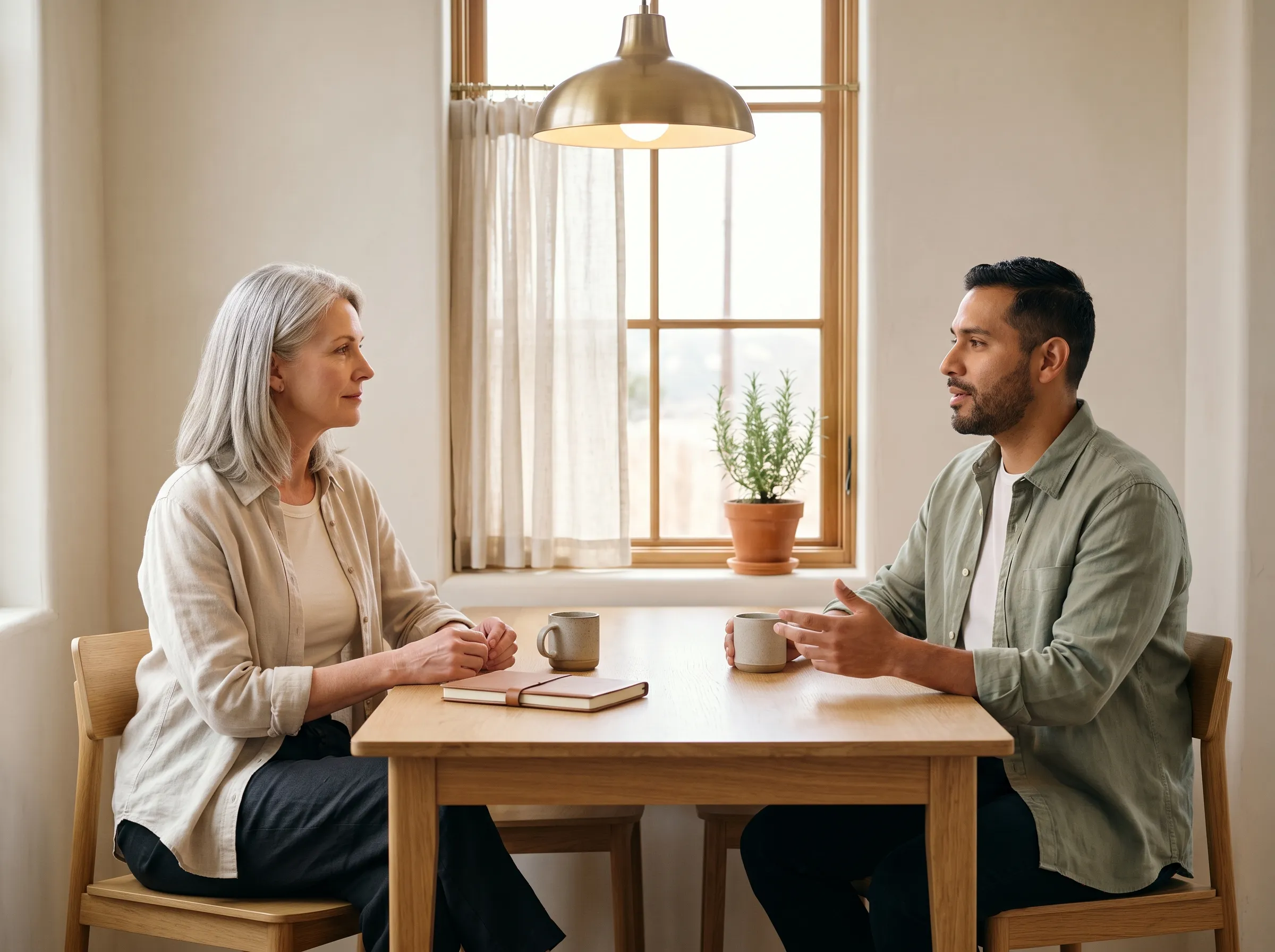 A silver-haired clinician and a younger Hispanic-Latino patient in calm conversation across a warm white-oak table in a sunlit Hill Country home interior, closed leather notebook and two stoneware mugs between them, paned window with sheer linen and rosemary in terracotta behind.