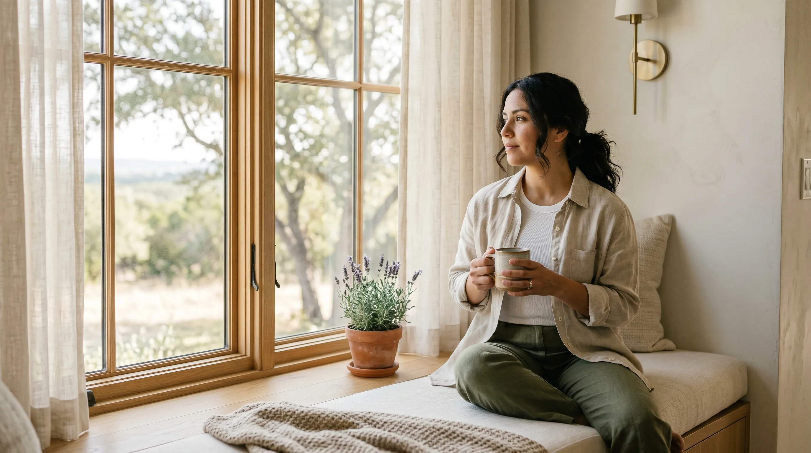 A Hispanic-Latina woman in her early 30s seated three-quarter profile on a cream-linen window seat in a sunlit Hill Country home interior, holding a stoneware mug at chest height with both hands, gaze resting softly through a tall paned wood-mullion window onto a live-oak horizon, sheer linen curtain on the left, brushed-brass sconce on the right, terracotta lavender on the windowsill.