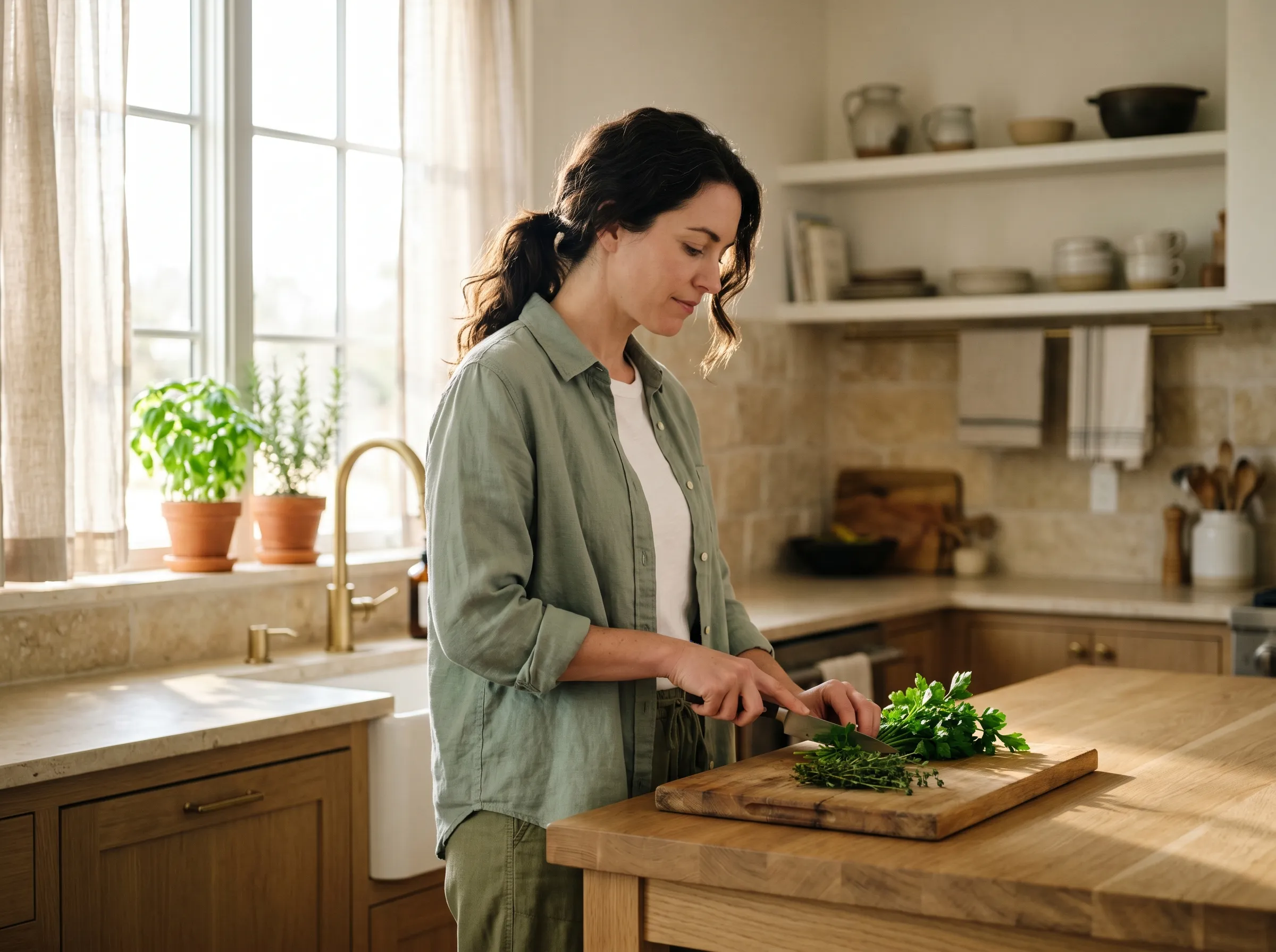 A woman in a sage linen shirt slicing fresh herbs at a white-oak kitchen island in a sunlit Hill Country home.