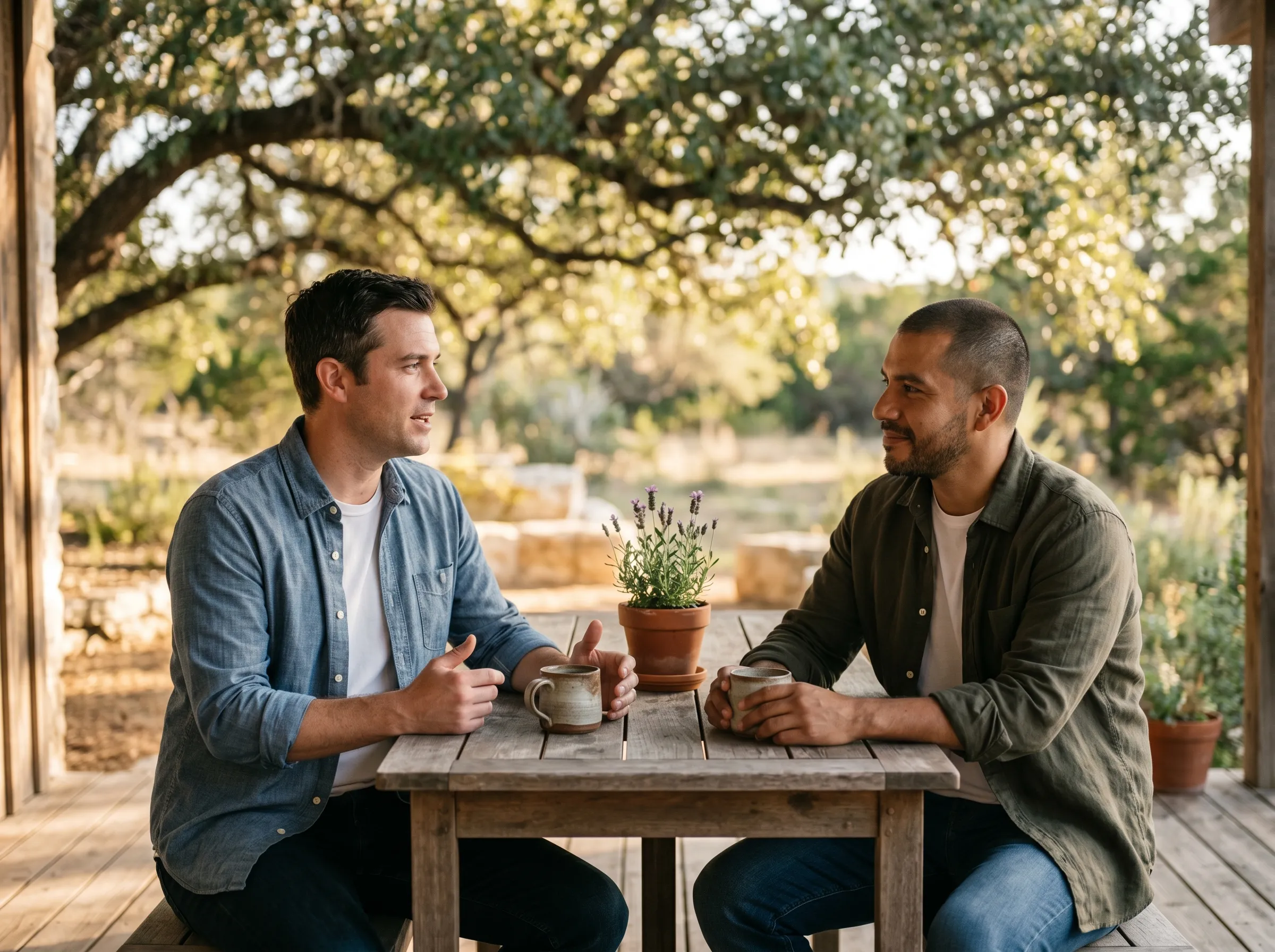 Two men in calm conversation across a porch wood table over stoneware mugs, live-oak canopy softening the late golden afternoon light.