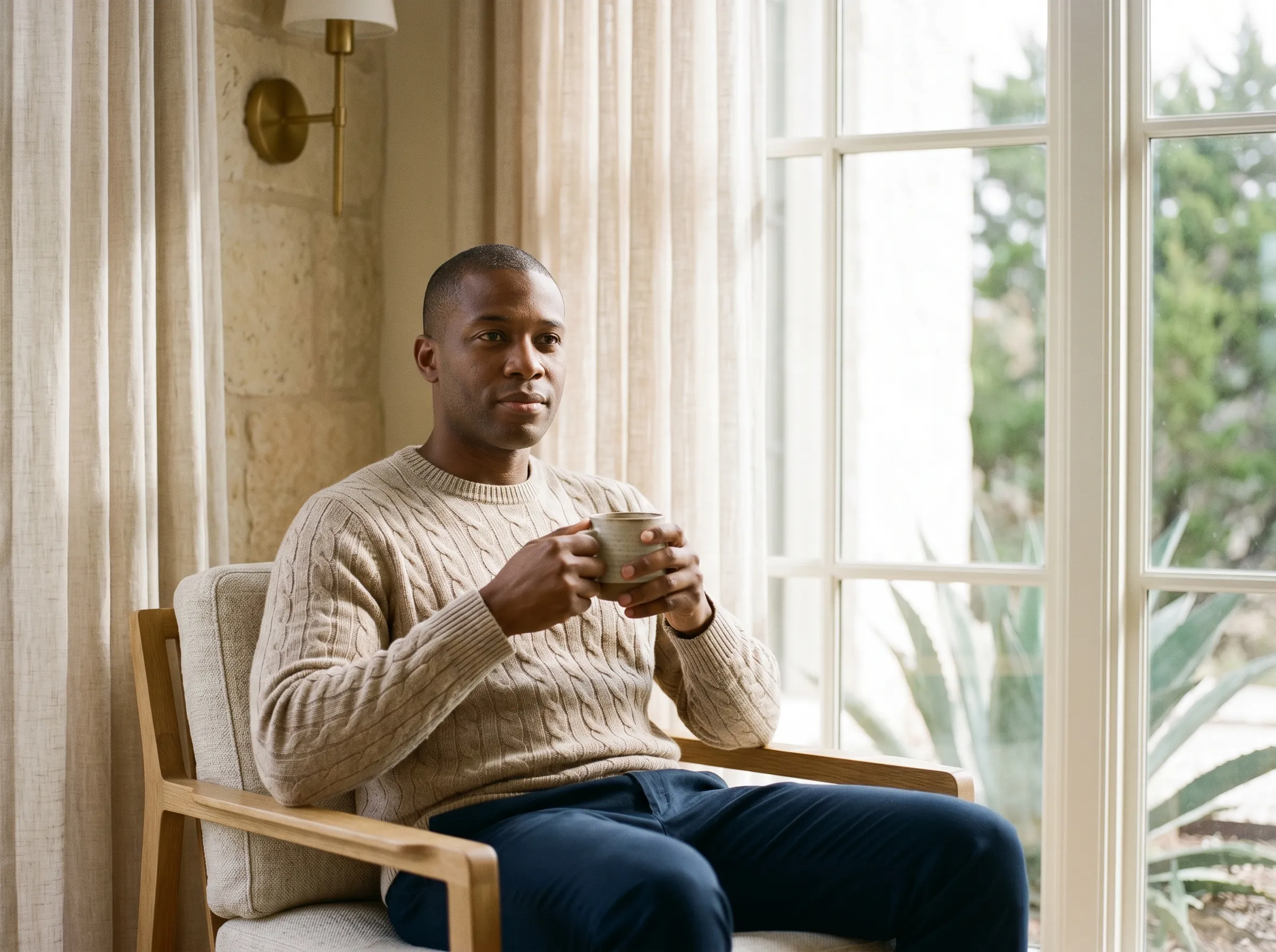 A man seated in a Hill Country reading nook by a paned window, holding a stoneware mug in calm focused reflection.