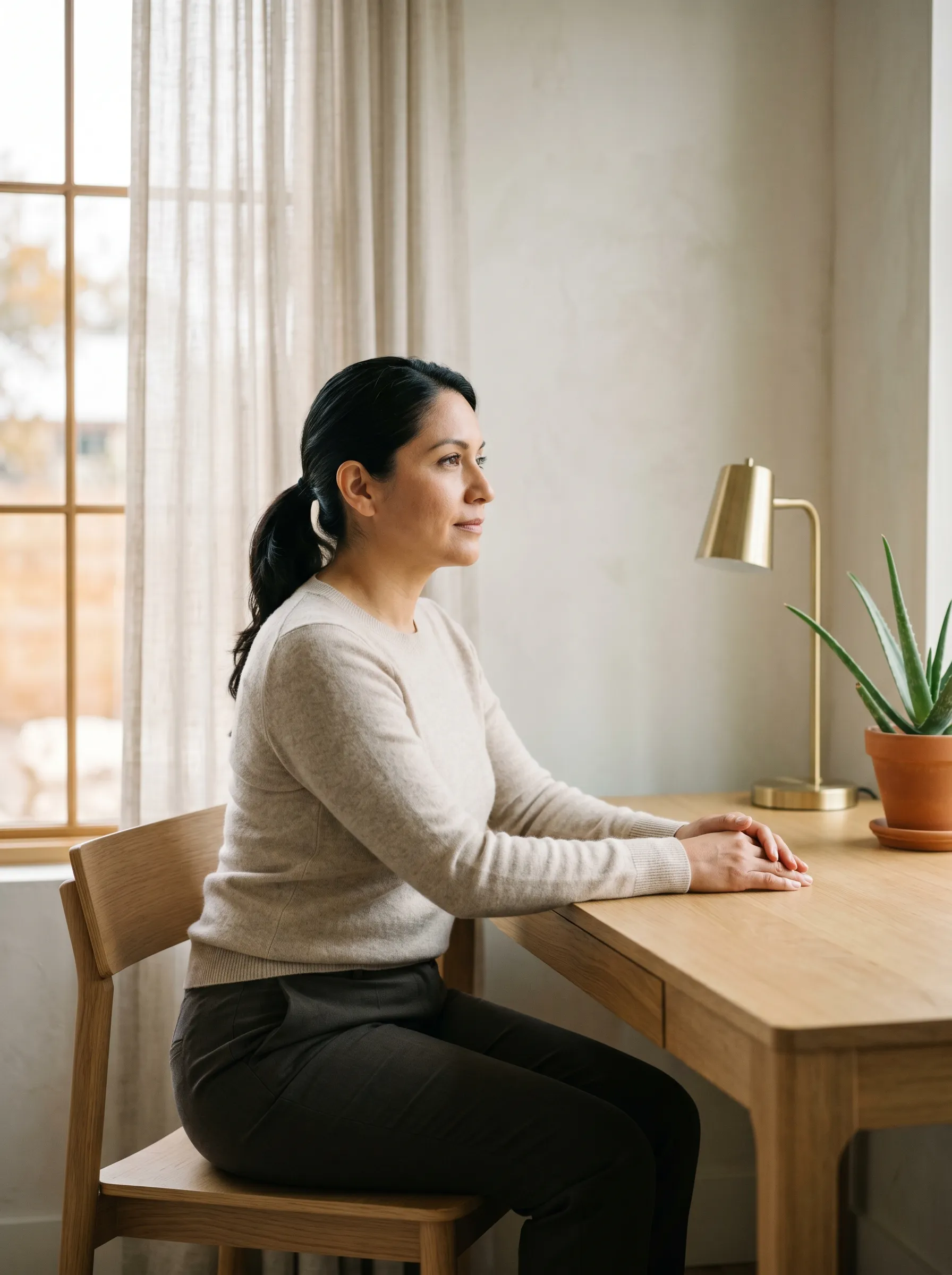 A woman in a calm reflective moment at a sunlit white-oak desk in a Hill Country home interior, paned window with sheer linen on her left.
