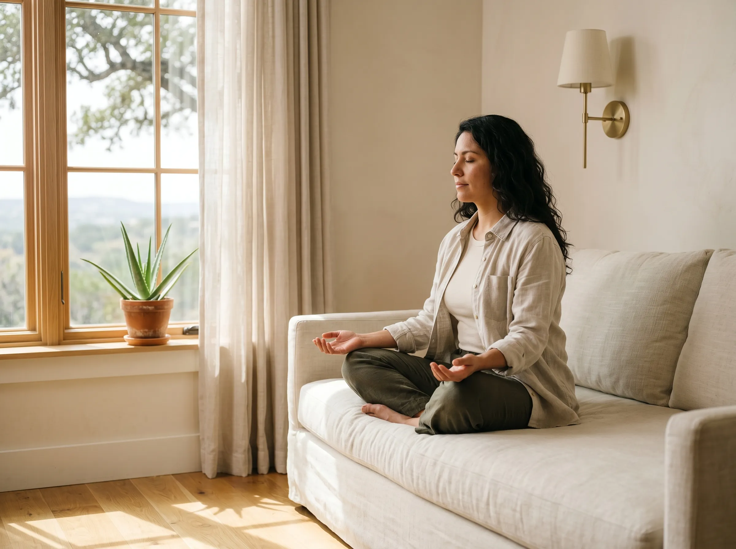 A Hispanic-Latina woman in her mid-30s seated three-quarter profile cross-legged on a cream-linen daybed in a bright sunlit Hill Country reading nook beside a tall paned wood-mullion window, hands resting open on her knees with palms upward in a quiet moment of stillness, oatmeal linen overshirt over fitted cream tee and dark olive linen trousers, sheer linen curtain caught against the window, brushed-brass wall sconce on the right, terracotta-potted aloe on the windowsill, soft Hill Country horizon and gentle live-oak bokeh outside the glass.