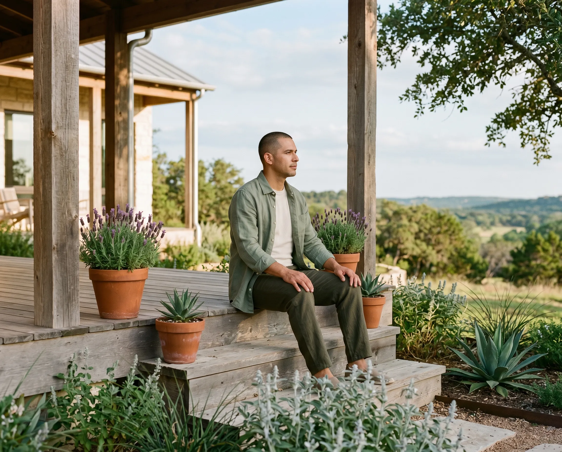 A Hispanic-Latino man in his early 40s with a clean-shaven shaved head, sage linen overshirt over a fitted cream tee and dark olive linen trousers, seated three-quarter profile on the weathered cedar plank top step of a covered Hill Country back porch, both hands resting on his knees, calm grounded gaze on the soft Hill Country horizon, terracotta-potted lavender and young agave flanking the step, native silver salvia in low beds, a single live-oak branch framing the upper right, warm golden afternoon Hill Country light.