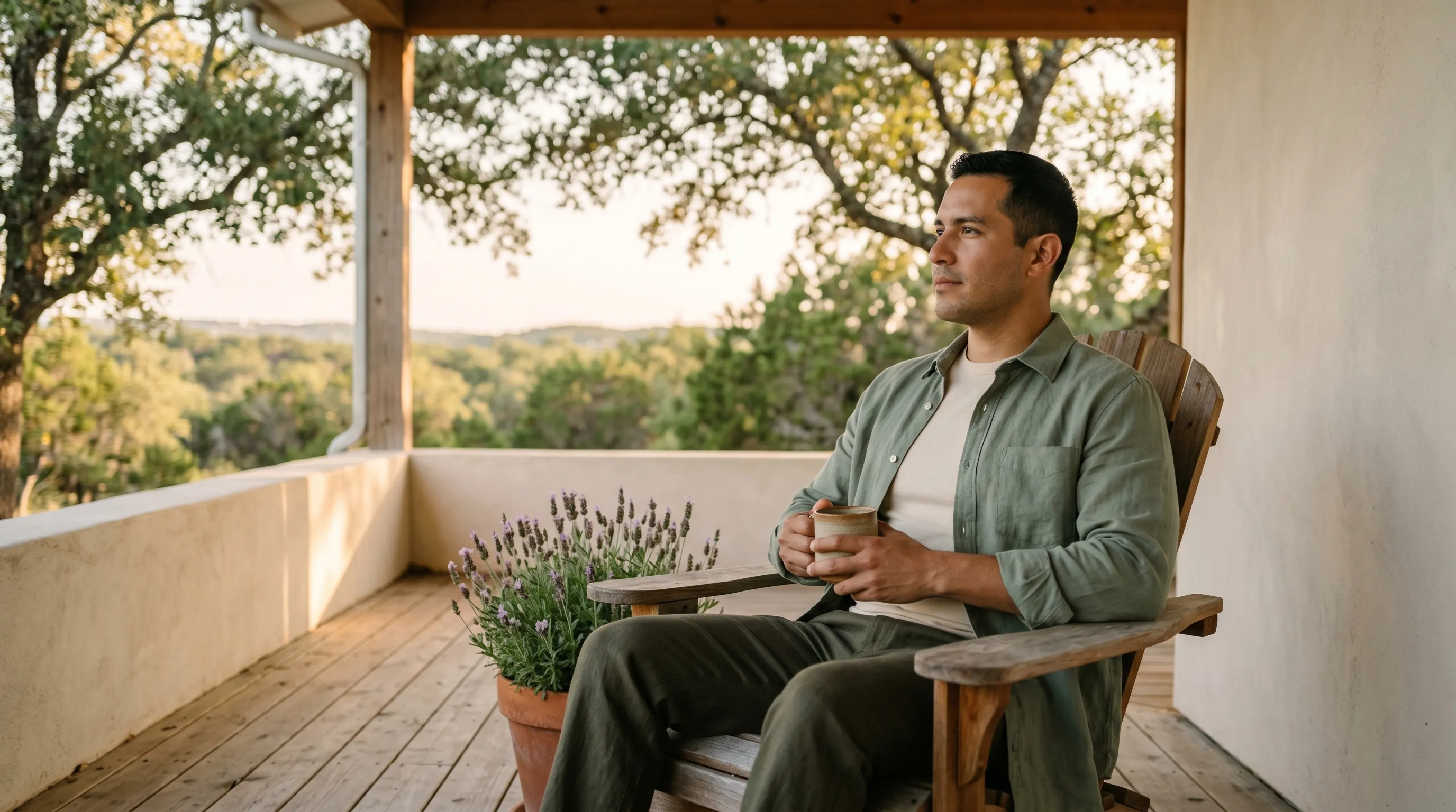 A Hispanic-Latino man in his late 30s seated three-quarter profile in a weathered cedar Adirondack chair on a covered Hill Country porch at late golden afternoon, holding a stoneware mug at chest height with both hands, calm grounded gaze on the soft Hill Country horizon.