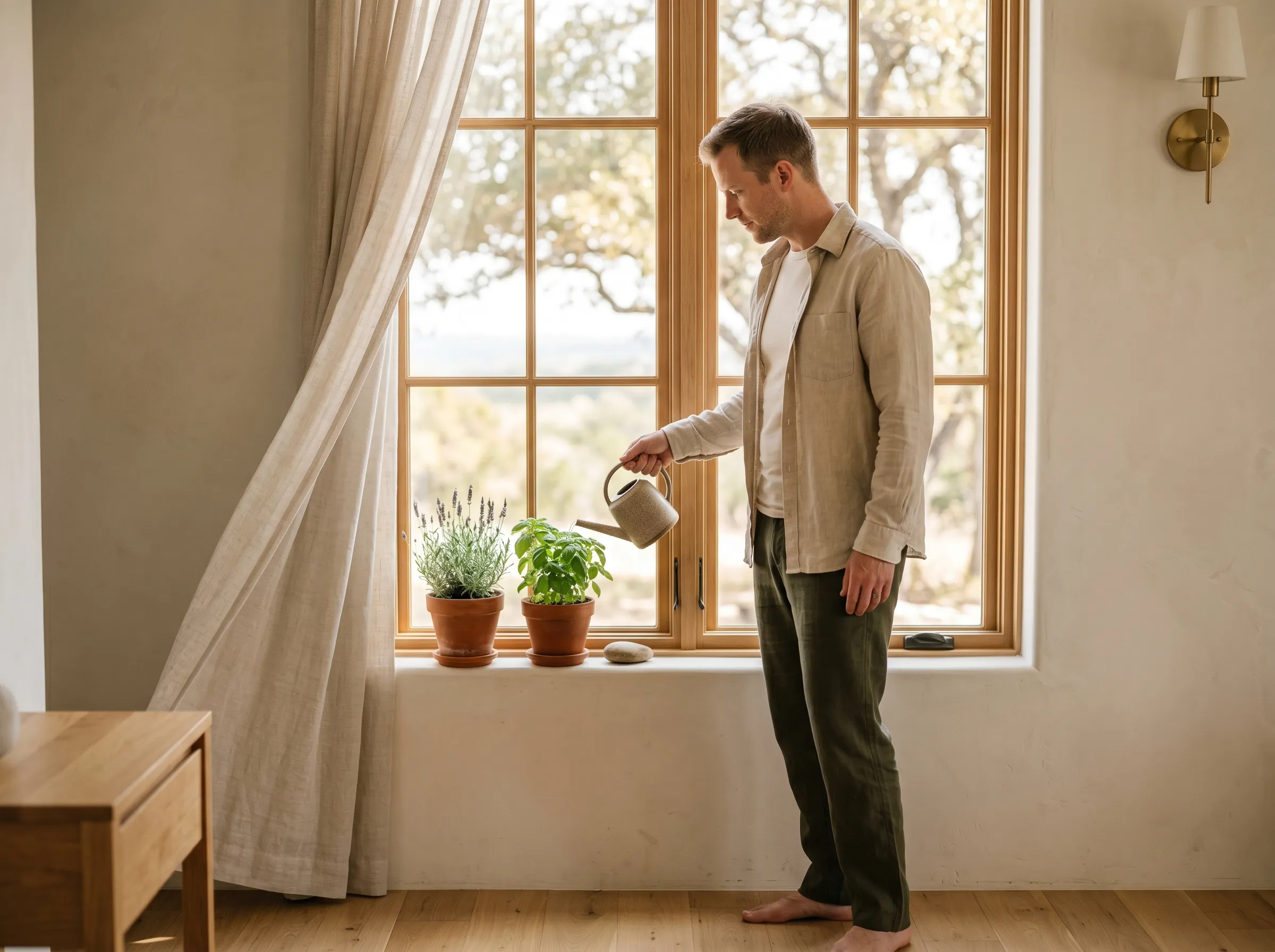 A white man in his mid-30s standing three-quarter profile at a sunlit tall paned wood-mullion window in a modern Hill Country home, watering a terracotta-potted Hill Country herb on the windowsill with a small stoneware watering can, calm focused gaze on the plant.